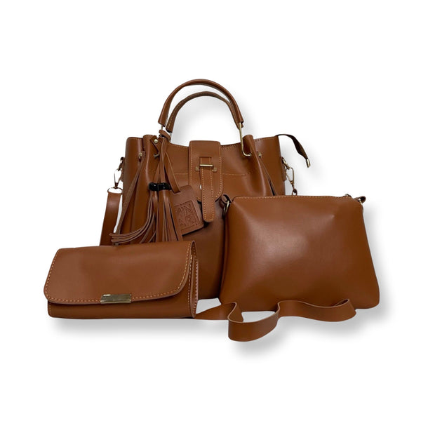 Grace 3 Piece Brown Bag Set - Top Handle, Shoulder & Wallet
