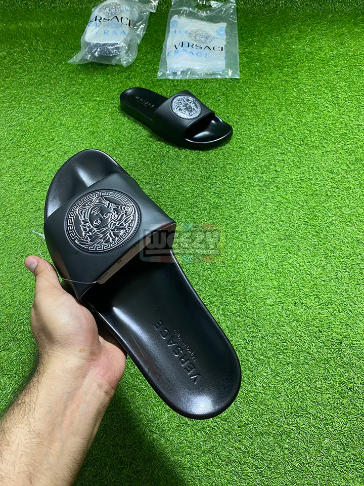 Versace Slide (Logo Pr) (Blk/Silver) (Premium Batch) buy online Pakistan - Weeby Shoes