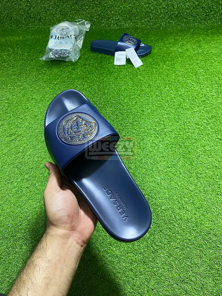 Versace Slide (Logo Pr) (N Blue/Gold) (Premium Batch) buy online Pakistan - Weeby Shoes